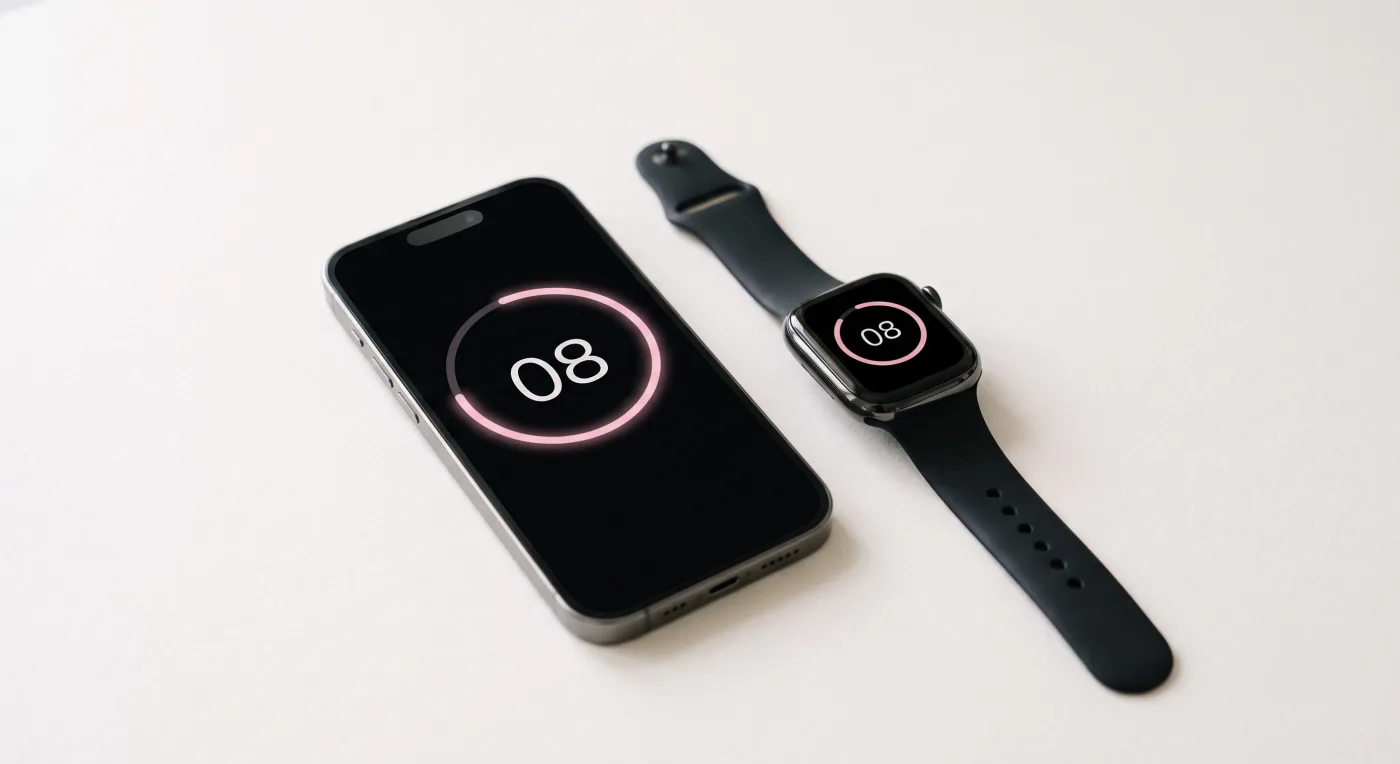 An iPhone and an Apple Watch side by side on a white table, both mid-countdown at eight seconds