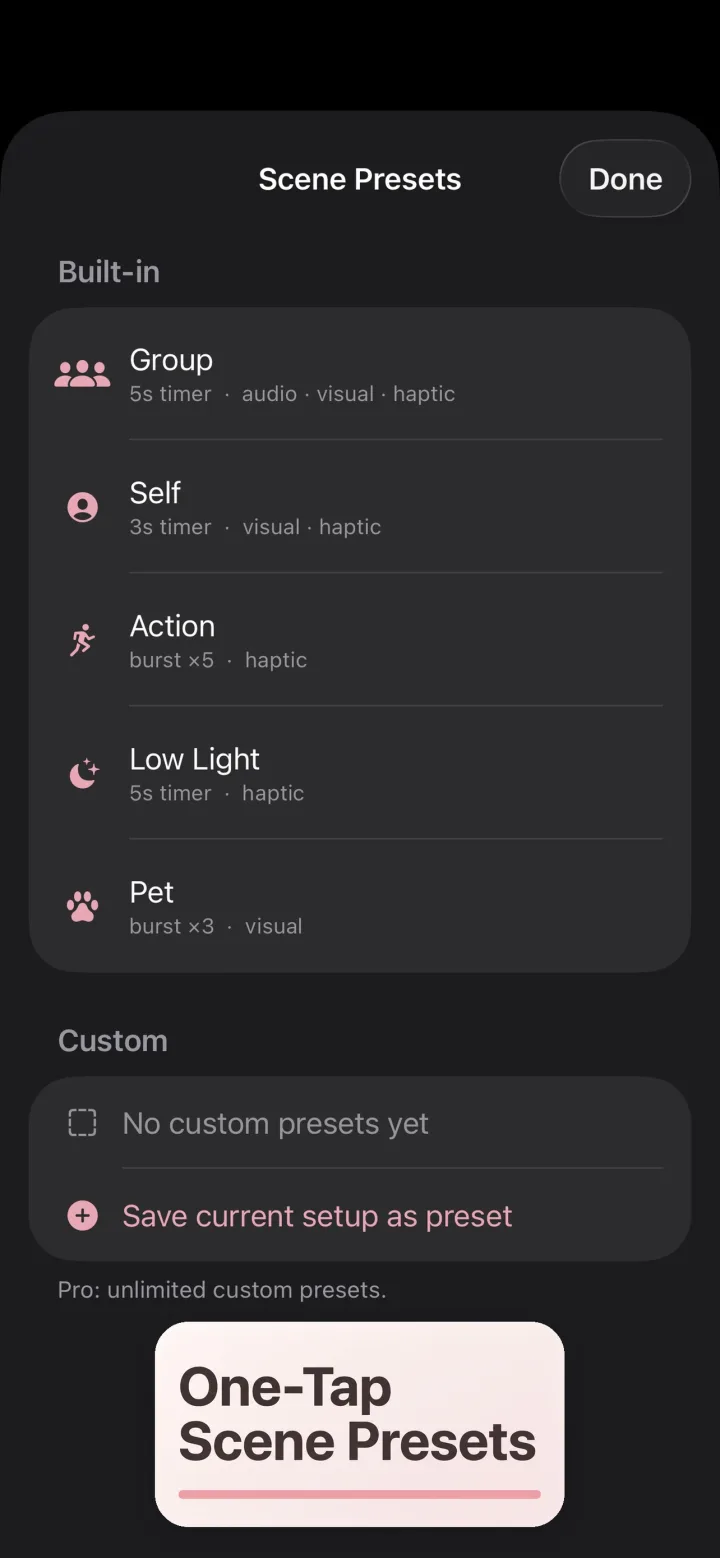 One-Tap Scene Presets in the app: Group, Self, Action, Low Light, and Pet, each bundling timer and cue settings