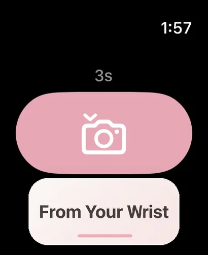 The Apple Watch app mid-countdown: three seconds, a shutter button, labeled From Your Wrist