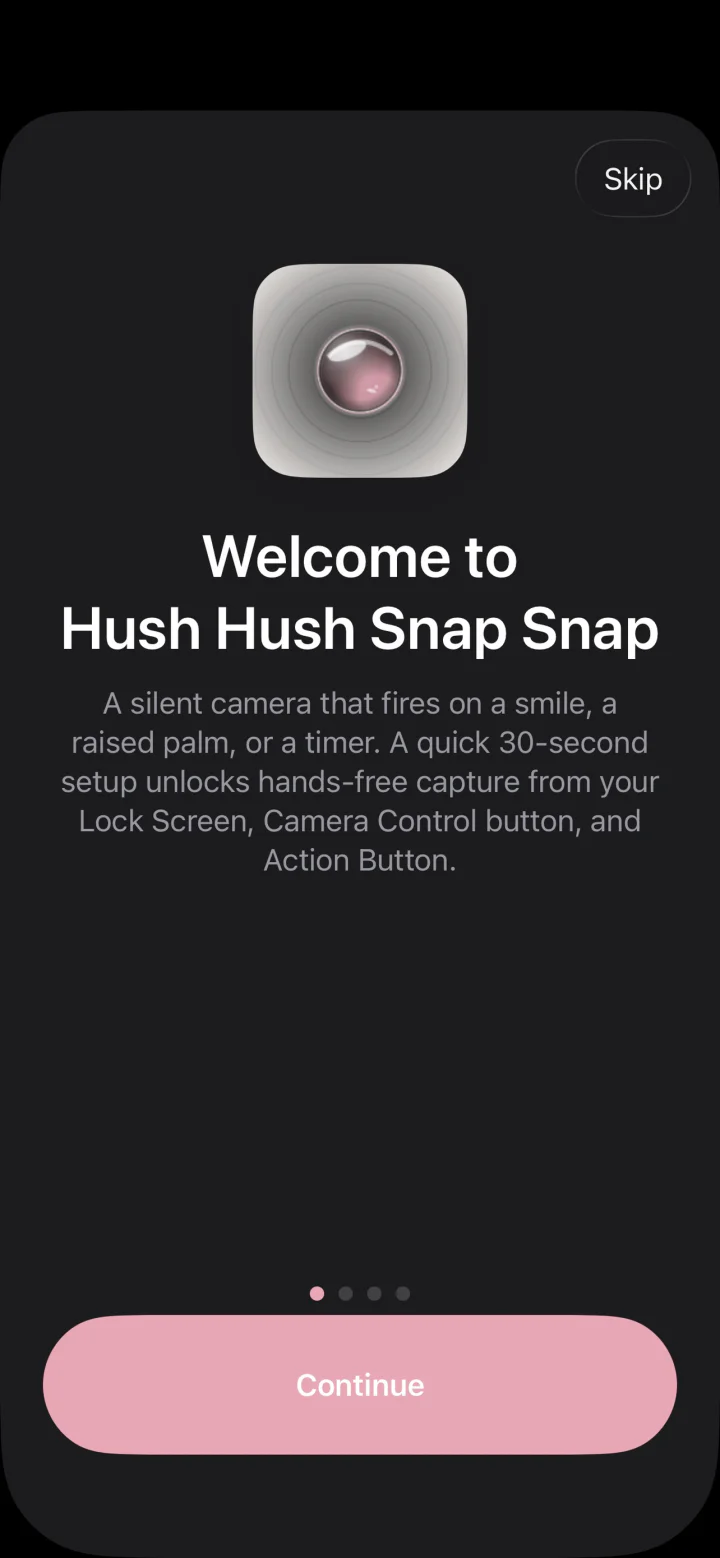 Hush Hush Snap Snap welcome screen explaining silent triggers