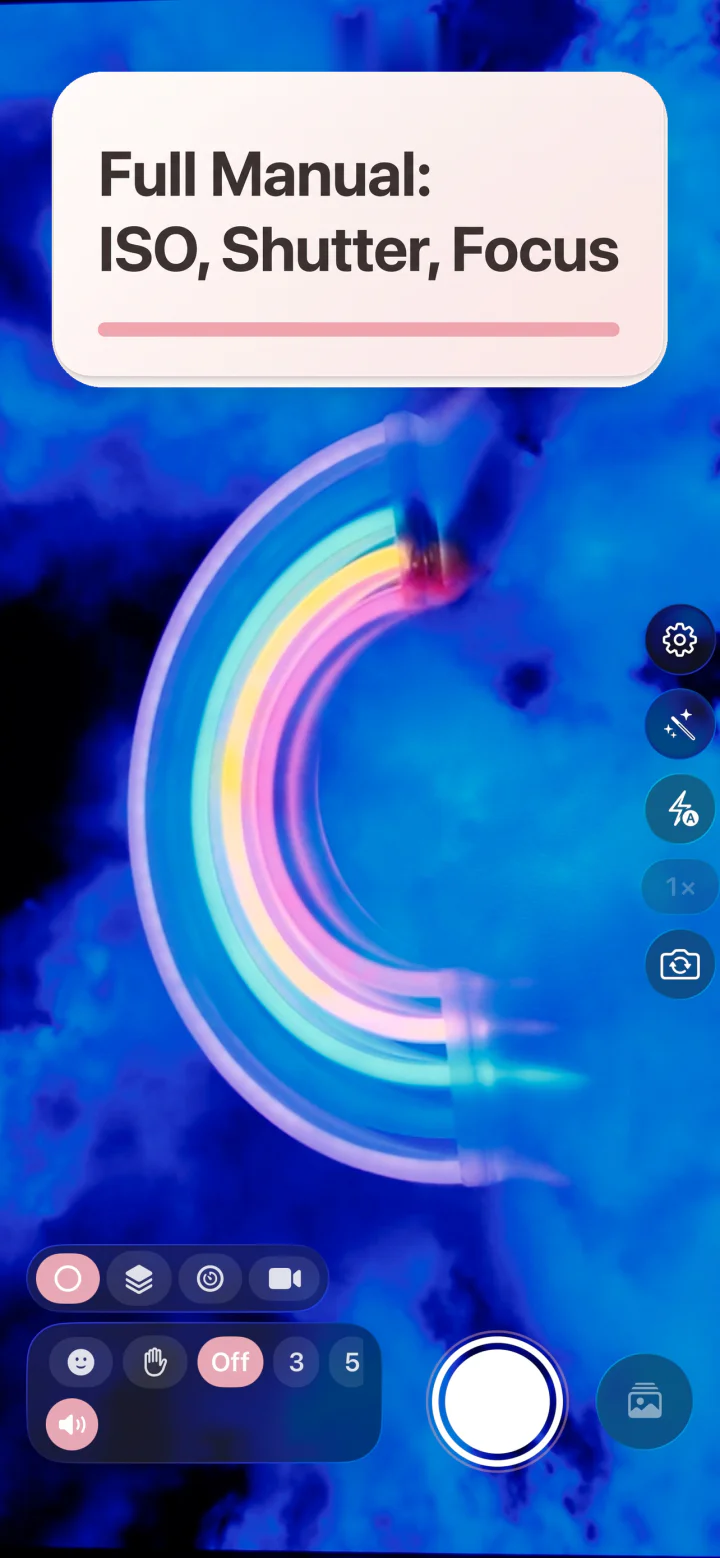 Full manual controls: ISO, shutter speed, and focus