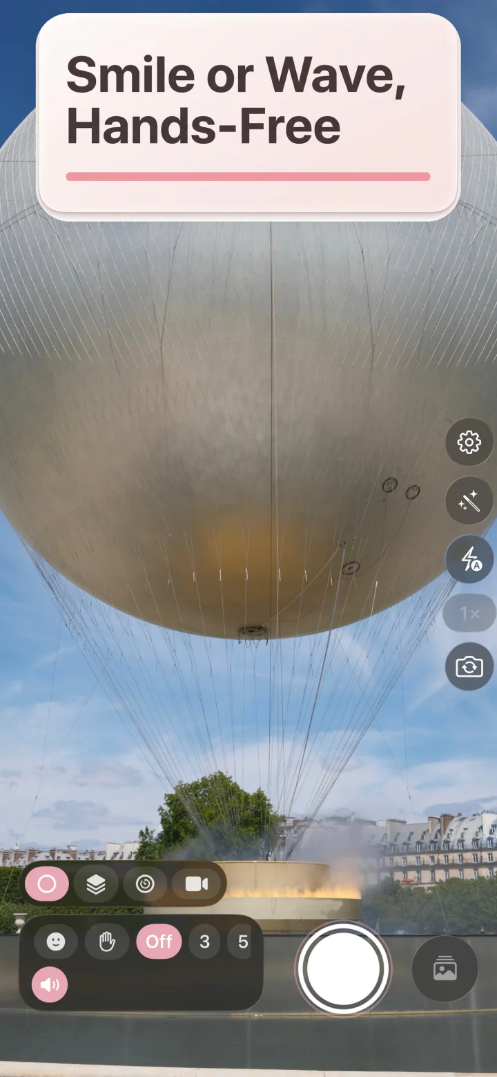 Hush Hush Snap Snap camera interface showing smile-trigger controls