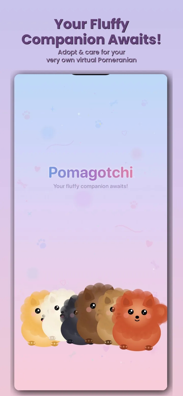 Pomagotchi title screen with a fluffy Pomeranian