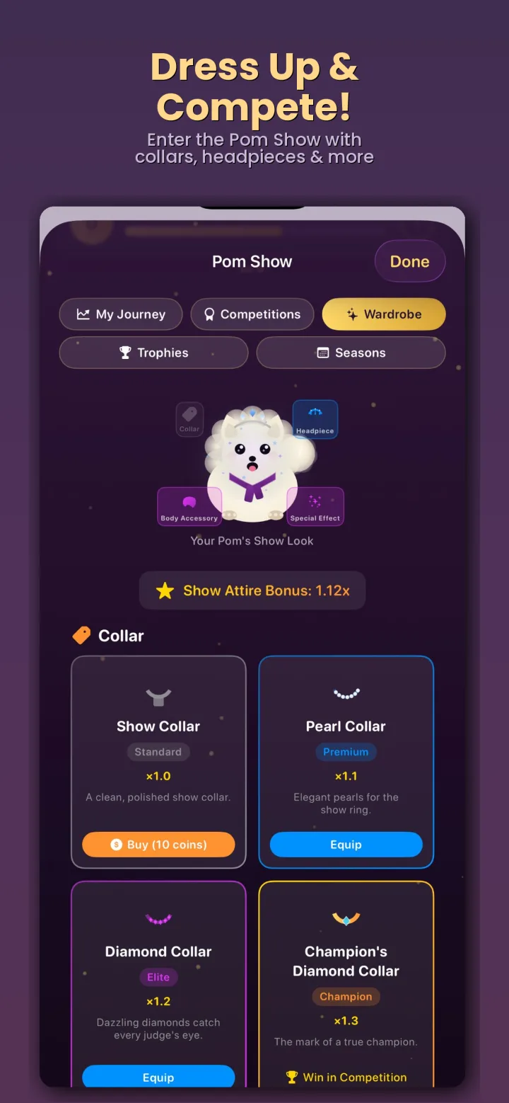 The Pom Show screen: dress up and compete, with competition tiers and a trophy shelf