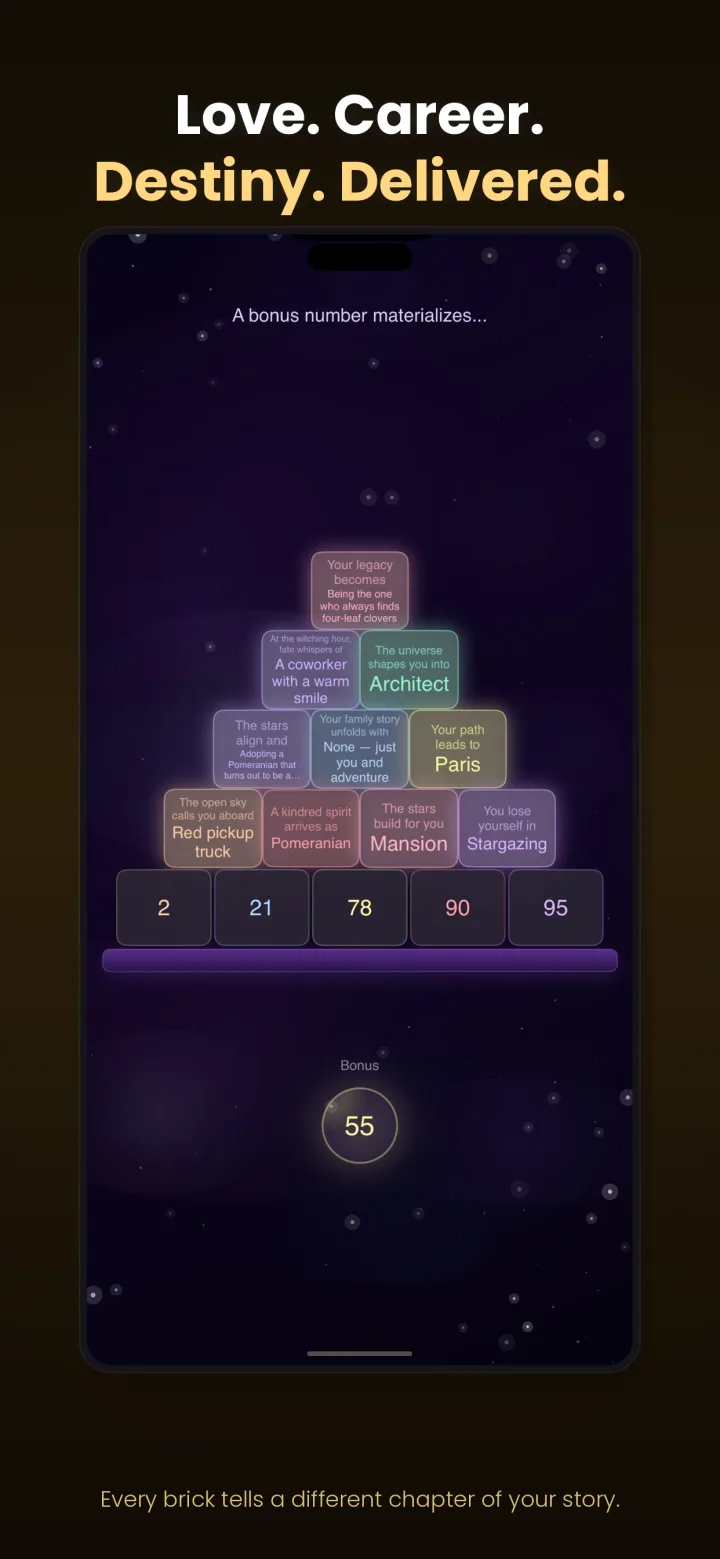 A golden reading pyramid delivering predictions across love, career, and destiny, with lucky numbers