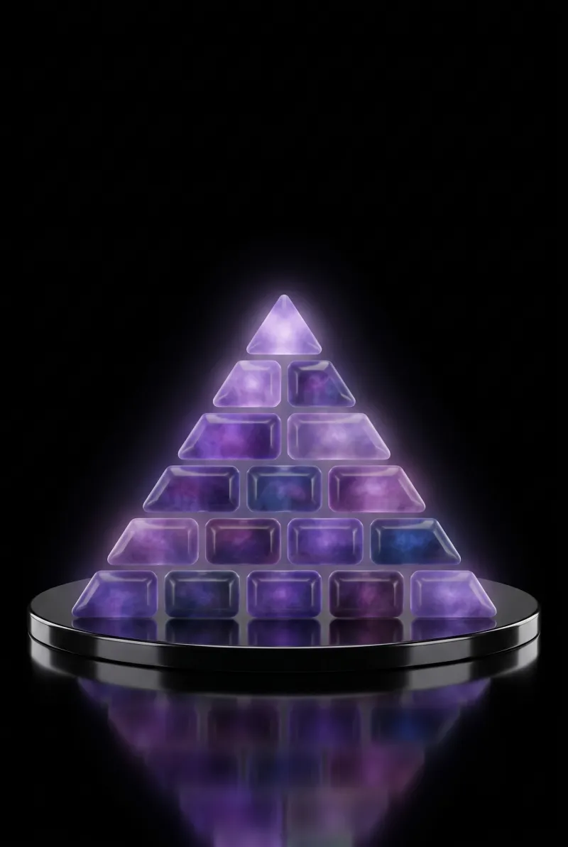 A render of the pyramid at rest: stones glowing violet on a dark mirrored disc