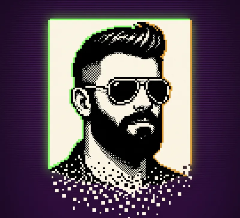 Pixel-art portrait of a bearded man in aviator sunglasses, rendered in 1-bit dither and dissolving into scattered pixels at the shoulders